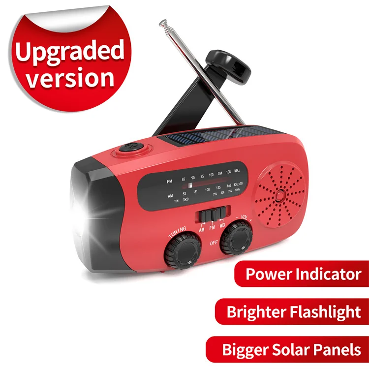 Red Emerncy Power Warning Solar Crank Bank Radio AM/FM Handheld Flashlight