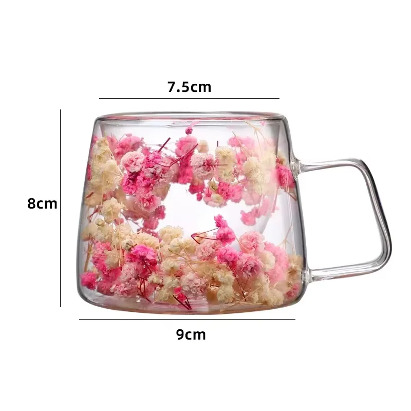 Double Wall Dry Flowers Transparent Glass Coffee Cup with Handle Double-layer Heat Insulation High Temperature Juice Milk Cup