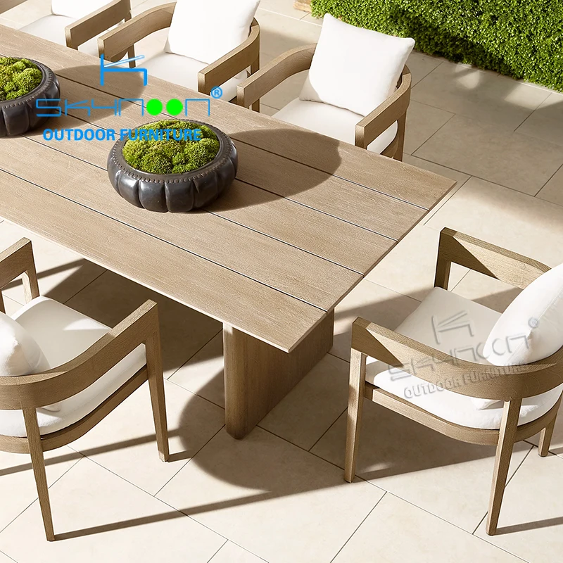 SKYNOON Hot sale garden dining sets all weather wooden outdoor dining table and chairs Patio teak outdoor furniture(TK9195TW)