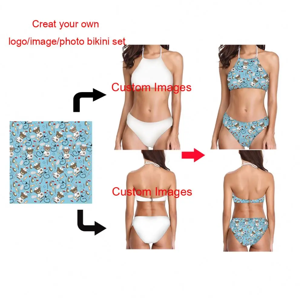 High Neck Halter Bikini Set Custom Your Own Logo/Image/Photo Print Swimwear Woman Two-piece Swimsuits Bathing Beach Swimwear