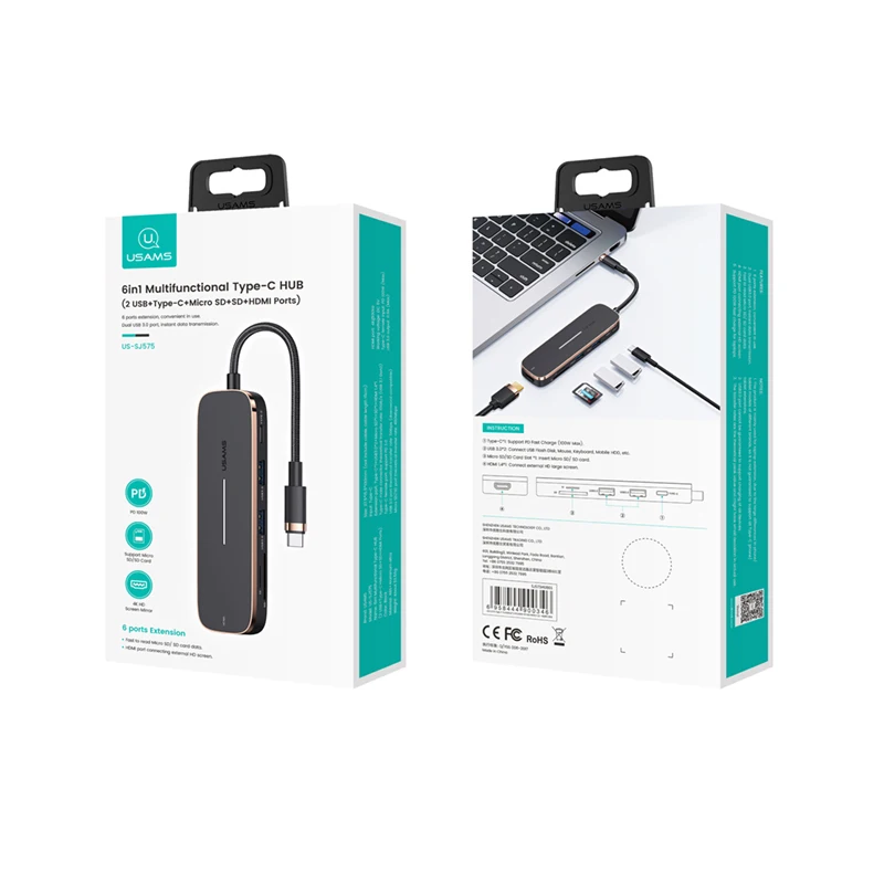 USAMS 6 in 1 usb c hub Laptop Docking Station Multiport Adapter Type C Charging USB Hub with Card Reader