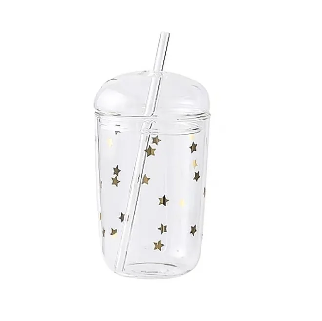 
Borosilicate Glass Fruit Juice Cup With Lid And Drinking Straw 