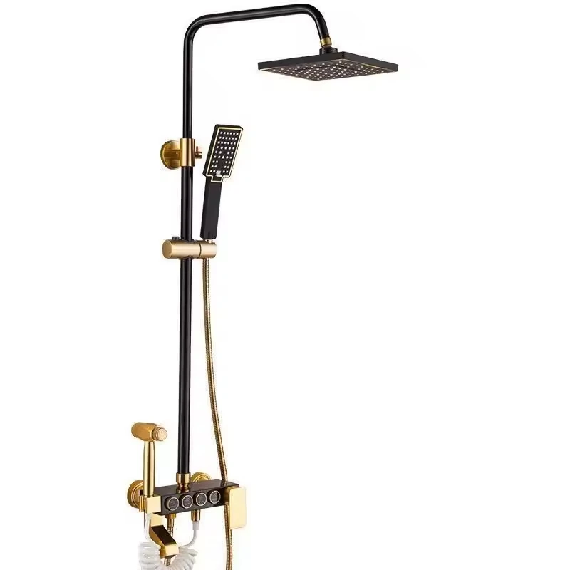 Luxury Shower Column 4 Functions Rain AL Black Gold Hot and Cold Brass Bathroom Shower Set Kit