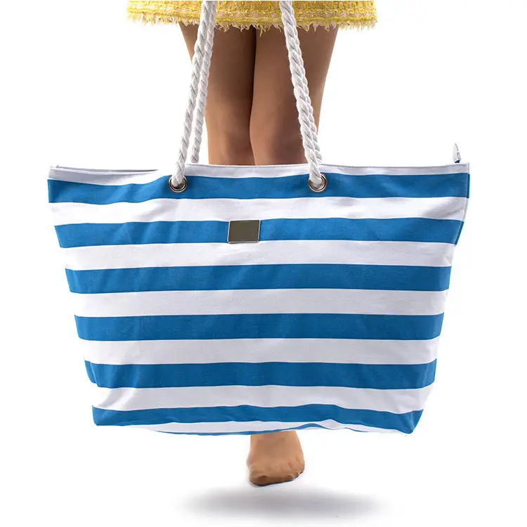 Wholesale Customized High Quality OEM Striped Knitted Cotton Canvas Tote Bags Shopping Bags Beach Bags With Rope Handle