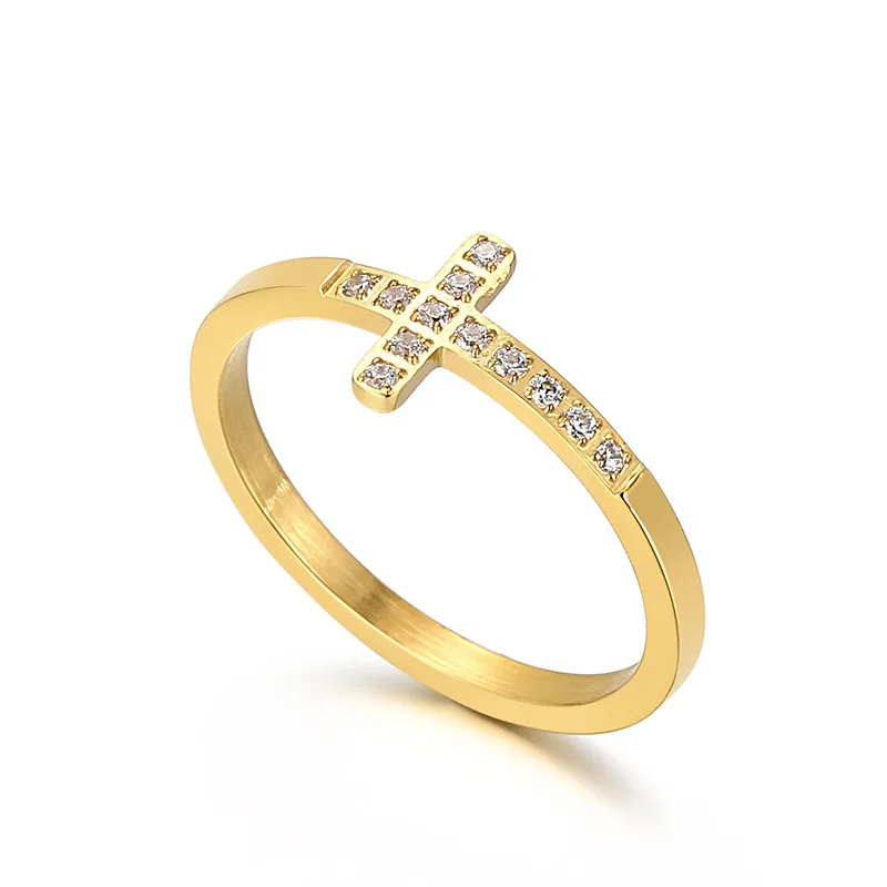 ODM anillo acero inox Trendy finger ring 18K gold plating special zircon cross ring women stainless steel jewelry rings
