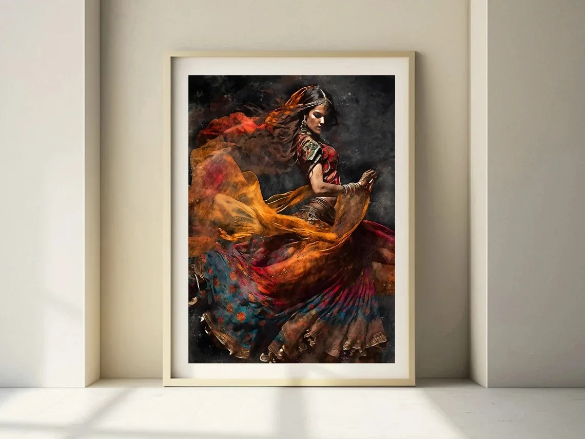 Indian Wall Art Beautiful Woman Folk Dance Painting Indian Royal Lady Art For Living Room Home Decoration
