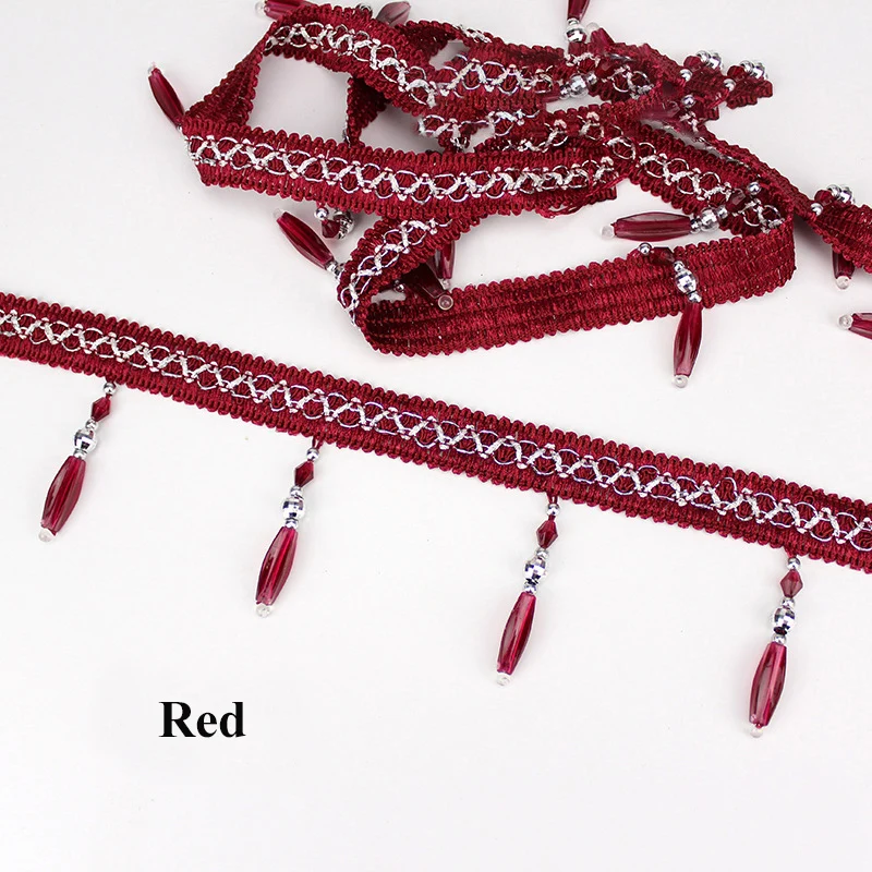 Home Textile Curtain Accessories Cheap Price 12.5Yard Lampshade Tassel Pink Lace Curtain Beads Fringe Trims For Home Decoration