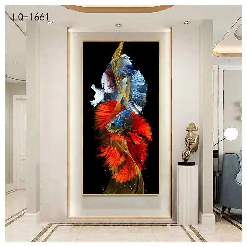 High Quality Indoor Wall Painting Senior Colorful Fish Animal Painting Canvas Crystal Porcelain Painting