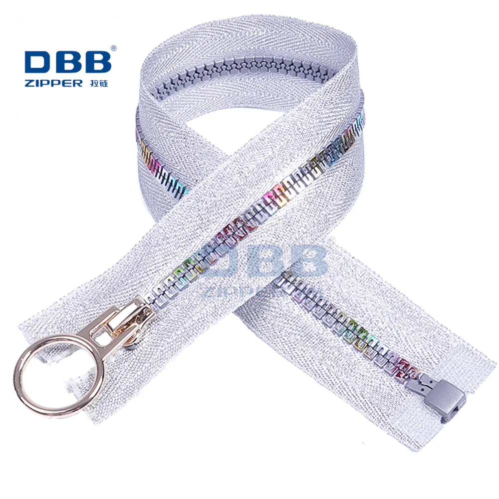 
New Designs 5# Plastic Zipper With Special Square Rainbow Teeth Plating Color Fashion Design Zipper Factory 