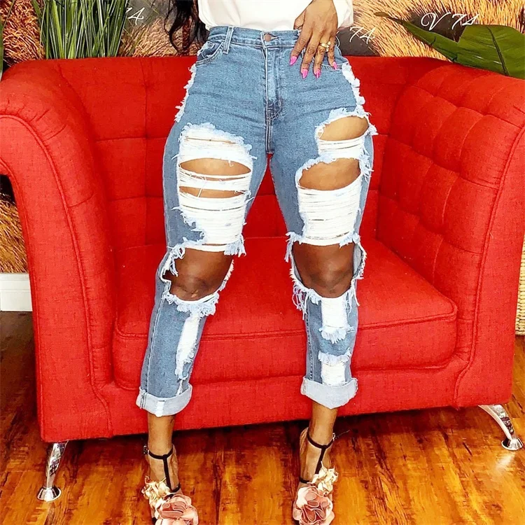 2021 New Fashion Good Quality Spring And Summer Blue Denim Net Straight Big Hole Beggar Women Jeans