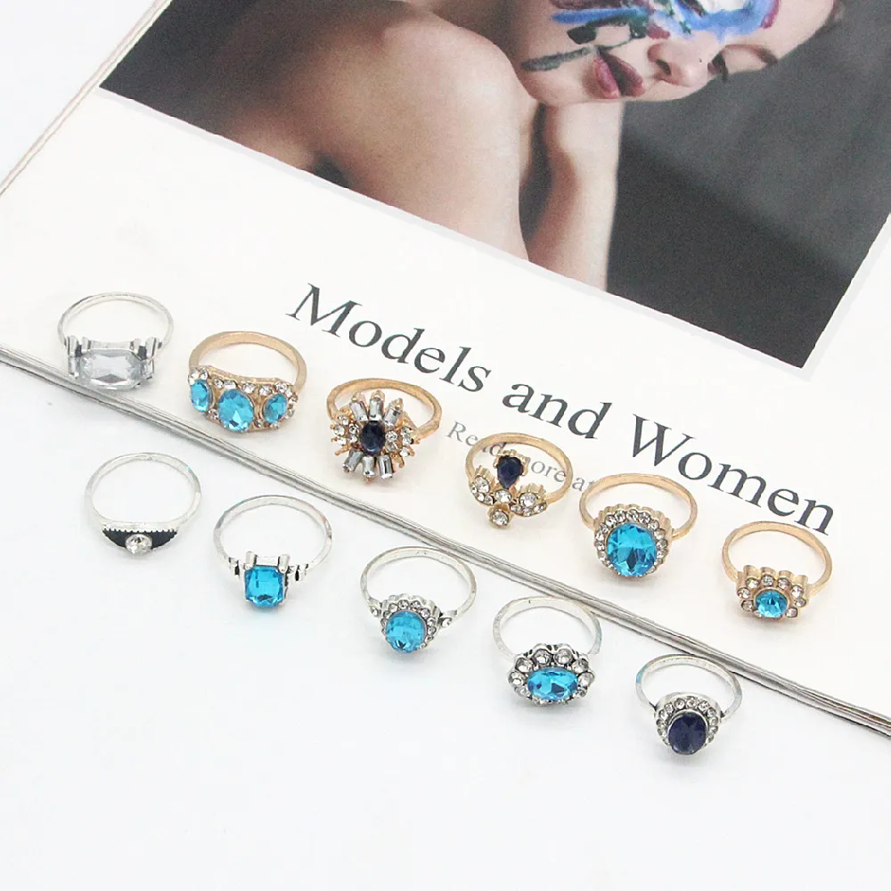 Aug jewelry wholesale 11-piece set ring gold and silver two-color exaggerated diamond sapphire zircon retro joint ring