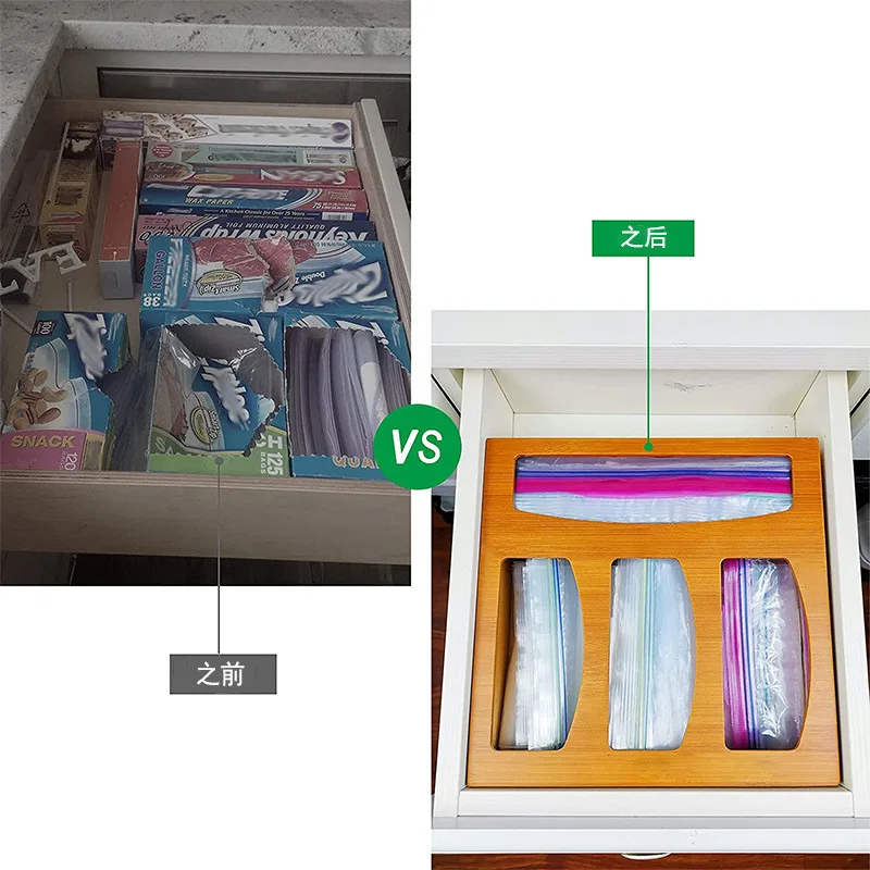 Kitchen Drawer Bamboo Ziplock Bag Storage Organizer For Gallon, Quart, Sandwich & Snack  Acceptable Customized