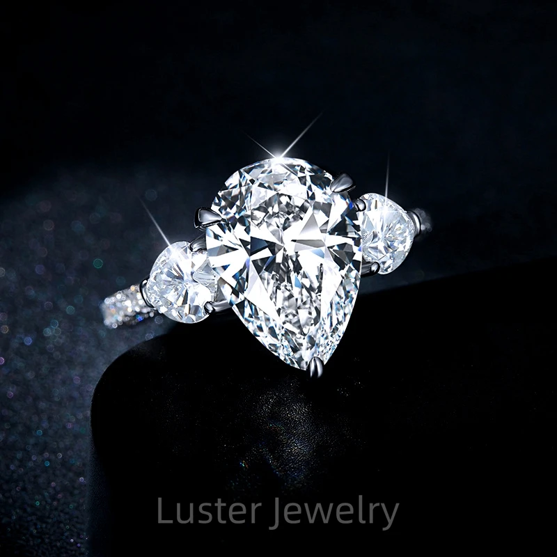 Luster Stunning 925 Sterling Silver 9x13mm Big Pear Shape Moissanite Ring With Three Side Pave Setting
