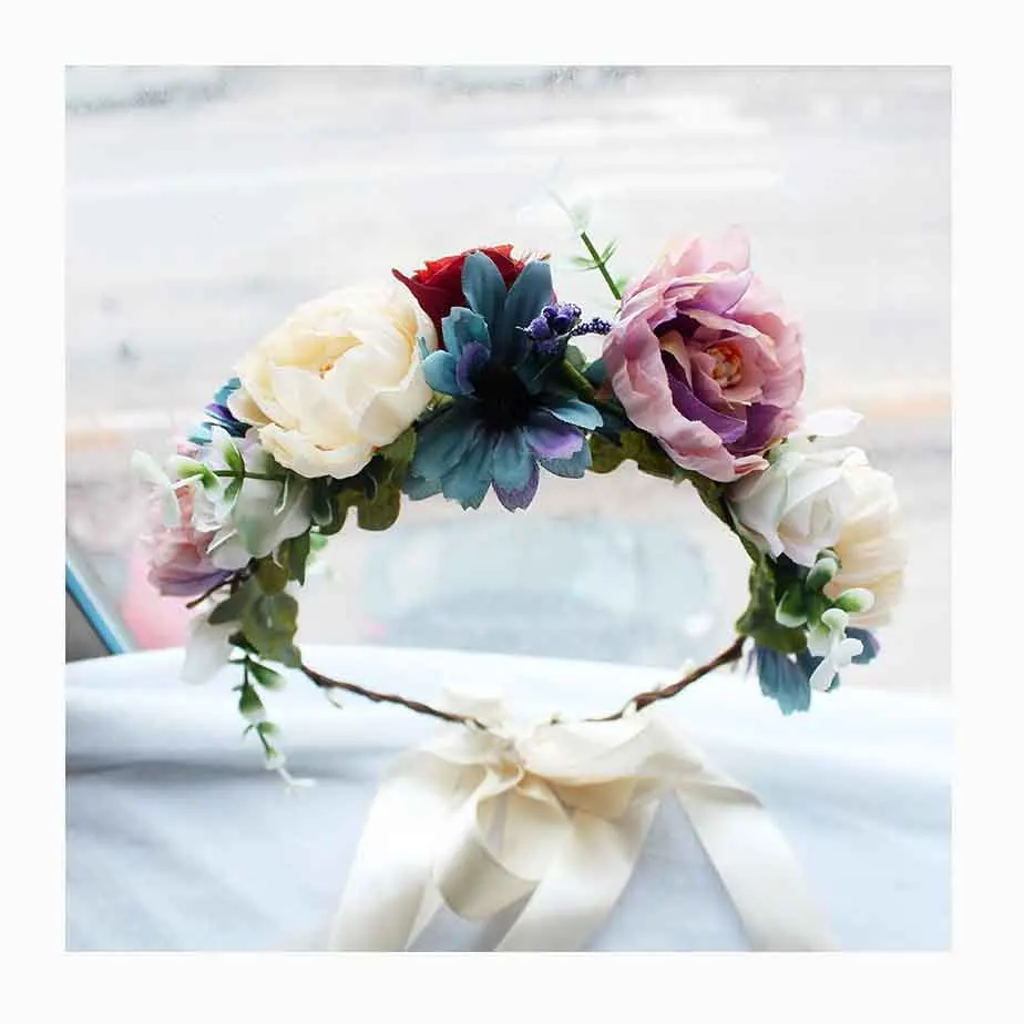 
Spring Flower Girl Hair Wreath Wedding Flower Crown, Floral Halo Bohemian Headbands Wreath Women Bridal 4500A 