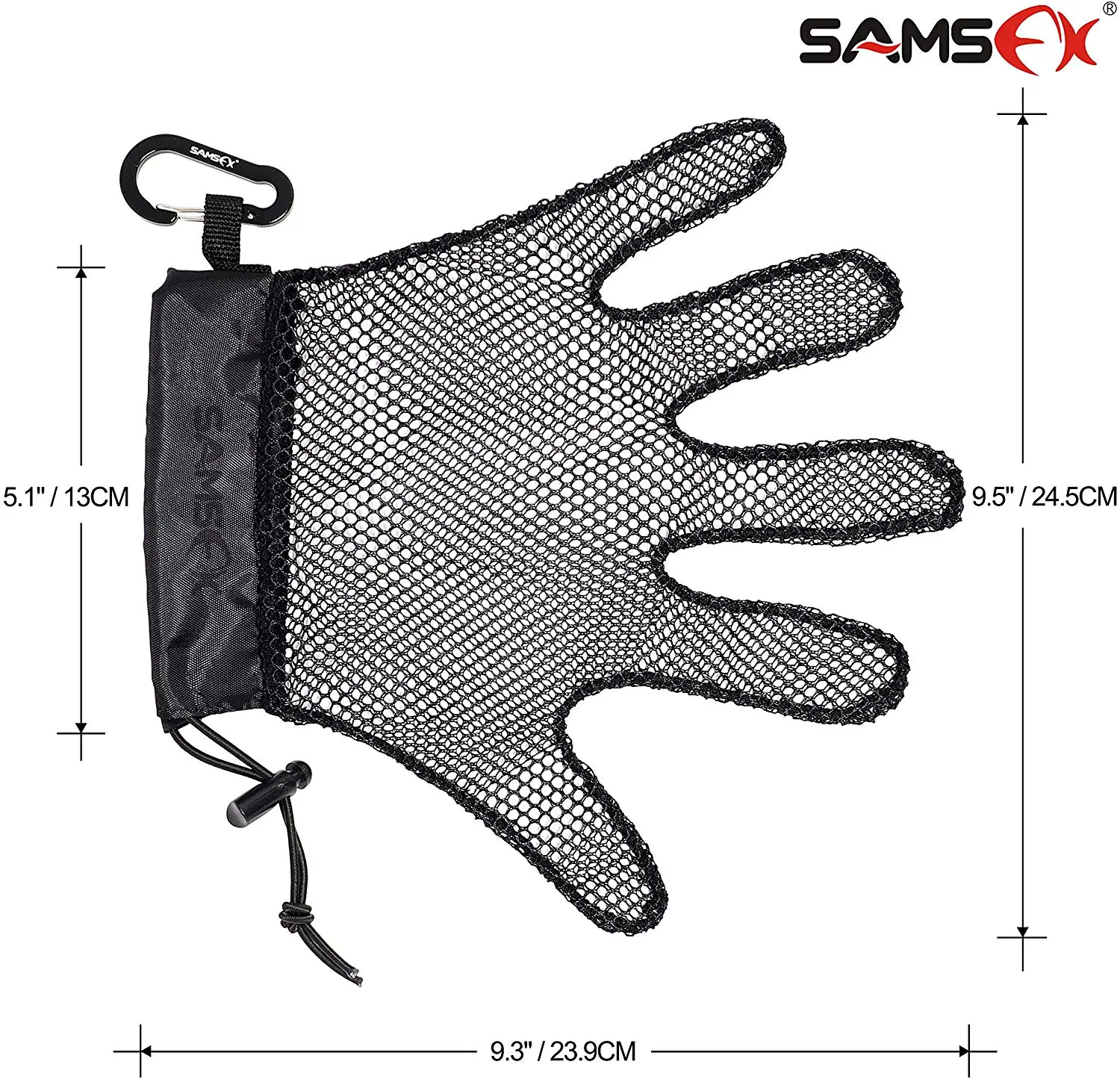 SAMSFX Fishing Fish Catching Gloves Openwork Anti-Slip Fish Protection Tailer Landing Glove with Carabiner Clip
