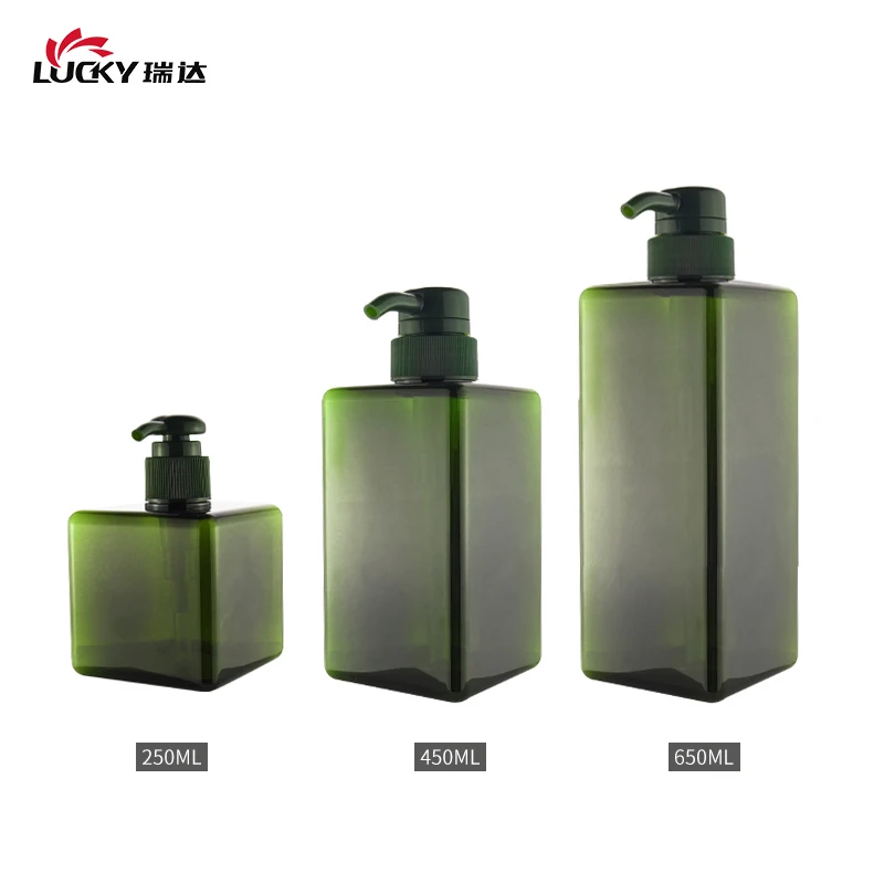 Wholesale 250ml 450ml 650ml Green Amber PETG Cosmetic Packaging Bottle Plastic Square Shampoo Empty Lotion Pump bottle