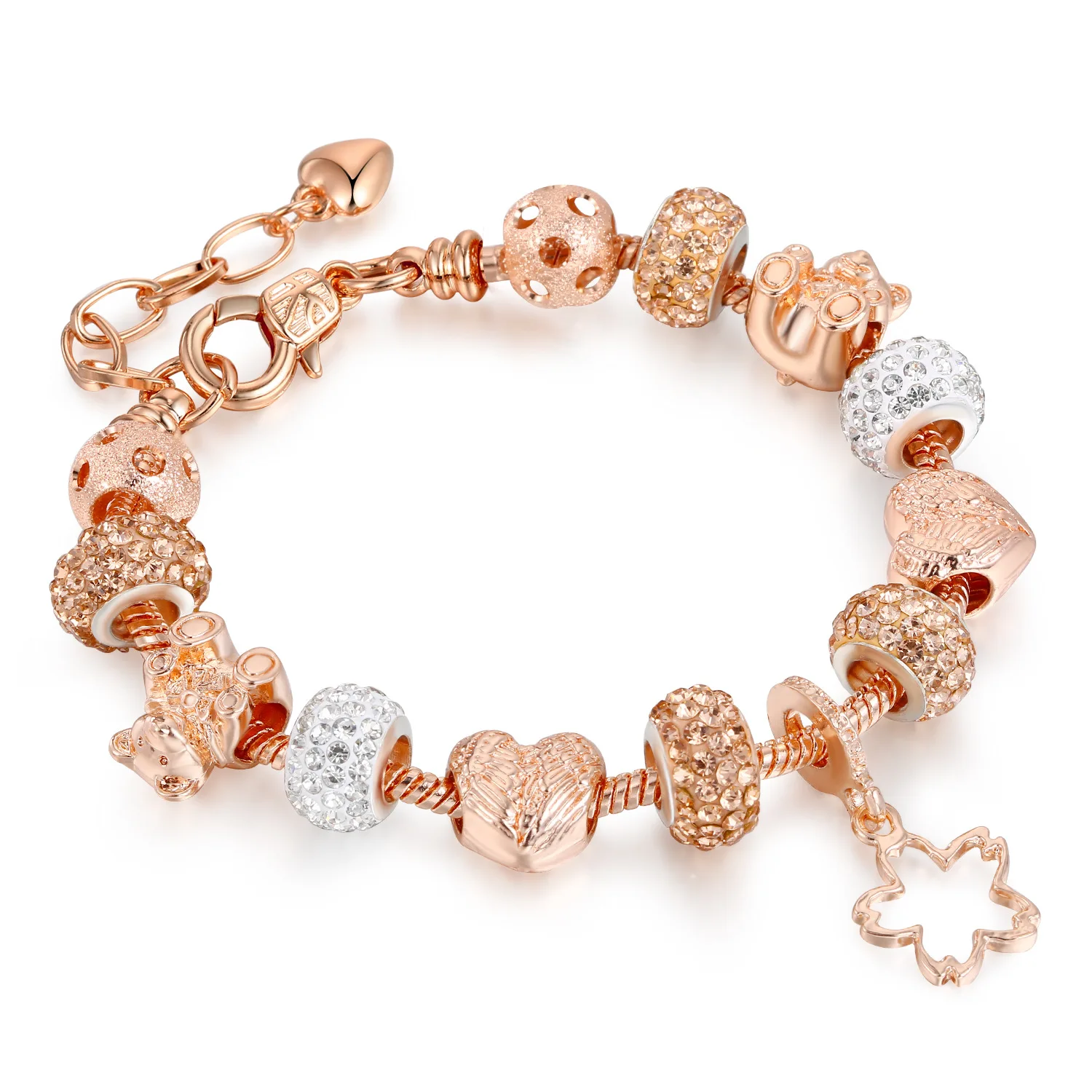 Classic Pink Crystal Flower Charm DIY Bracelets for Women Girl Rose Gold Color Adjustable Lobster Bead pan Bracelet Fashion Gift