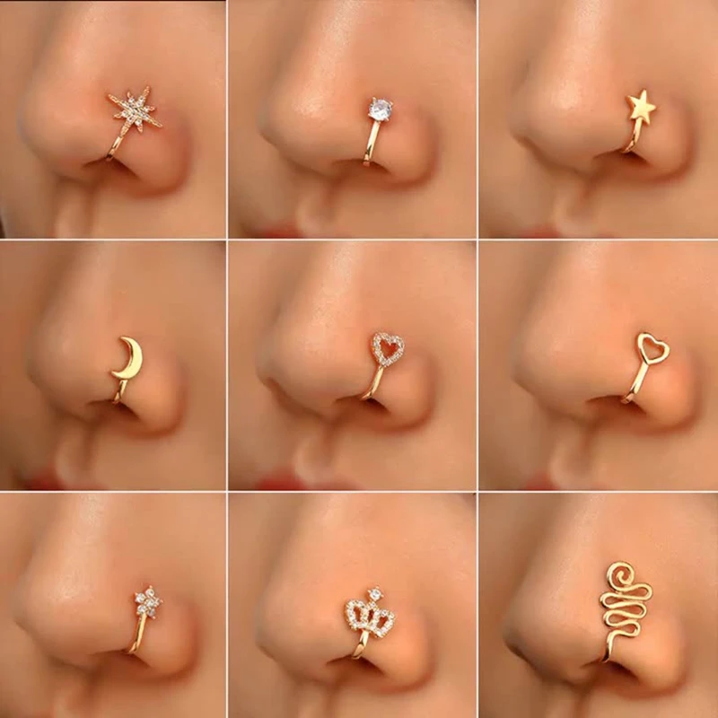 1Pc Nose Cuff Non Piercing Jewelry Heart Star Crown Clip On Copper Non Piercing Nose Ring