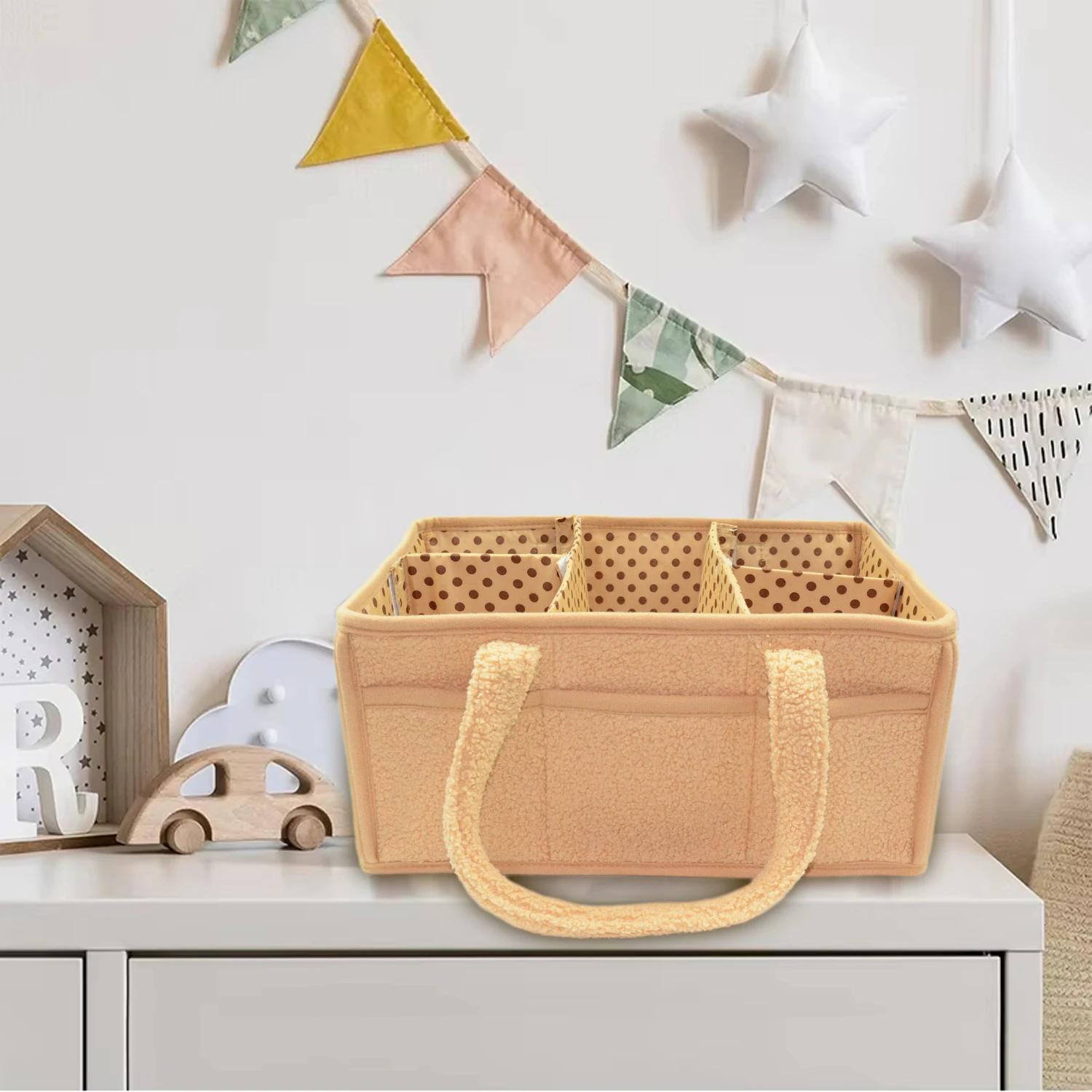 Newborn Essentials Gift for Baby Shower Teddy Sherpa Baby Diaper Caddy Organizer Nursery Storage Basket