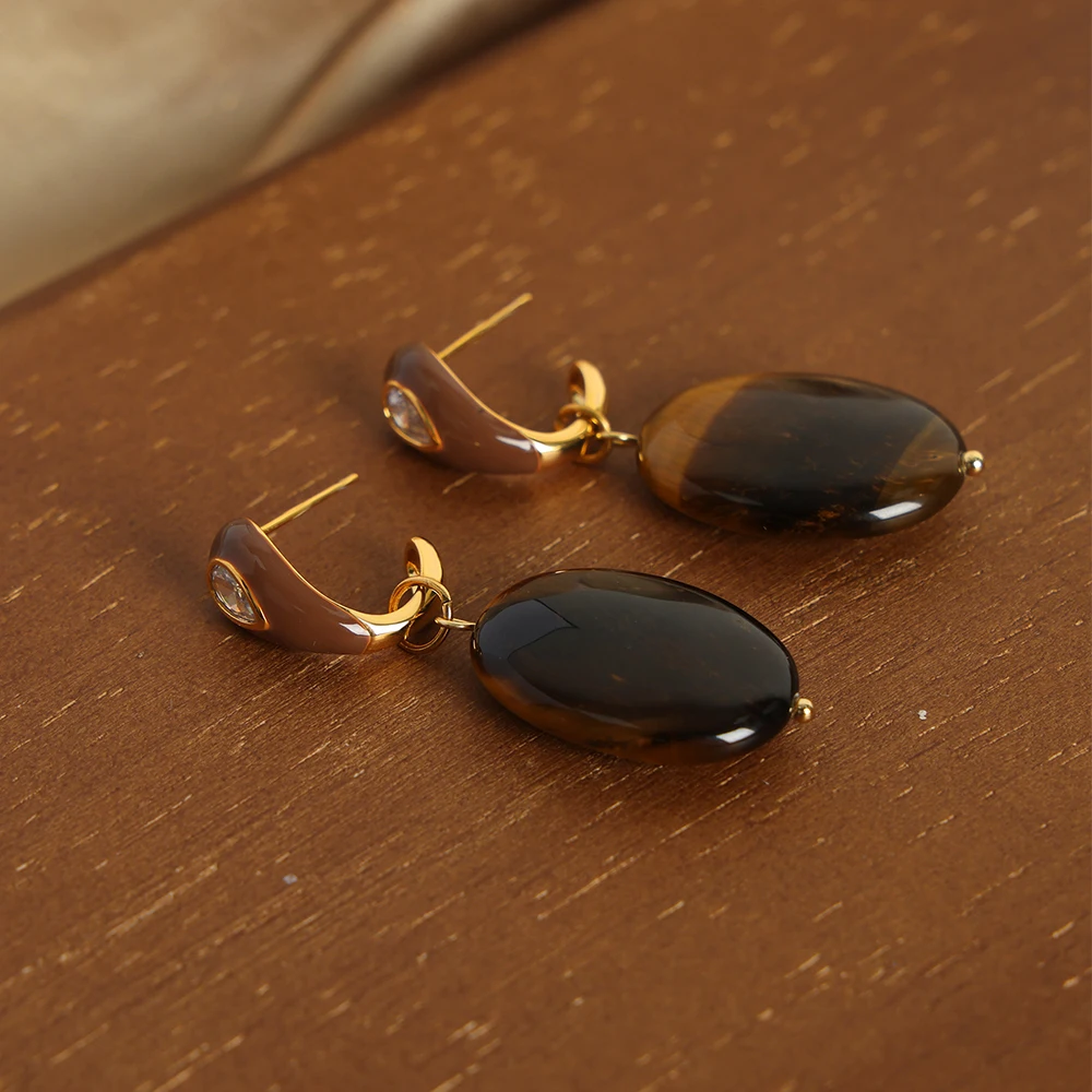 European and American retro copper natural tiger eye stone pendant inlaid with zircon enamel colored glaze earrings jewelry
