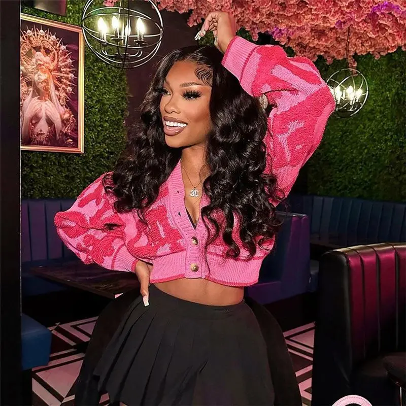 2023 Custom Women Sweater Long Sleeve Knit Women Clothes Pink Patchwork Colors Knitted Cropped Cardigan Sweater Women