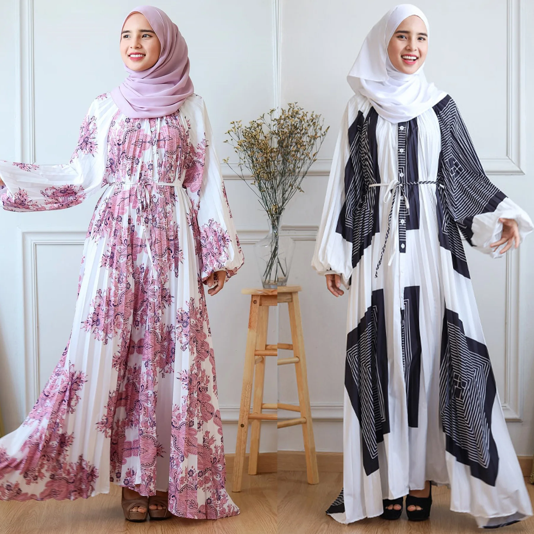 Middle East Muslim high-end printed long skirt with lantern sleeves and pleated loose robe dress