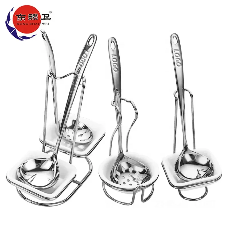 Hotel Hot Pot Spoon for Restaurant Banquet Soup Colander Set Sliver With Stainless Steel Stand Long Handle