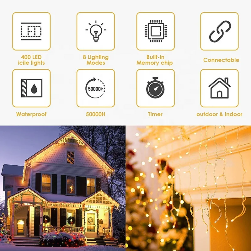 Icicle Lights Outdoor 10m 400 LED Waterproof Outdoor Christmas Lights 8 Modes Plug in Long Fairy Light