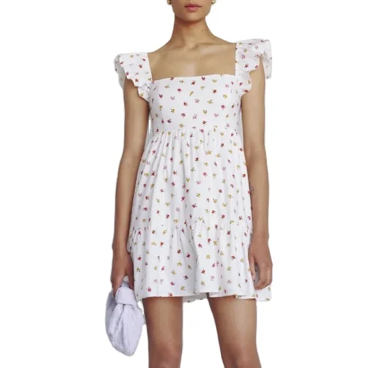 Custom Square Neckline Mini Dress Smocking At Back Slight Bubble Sleeve Tiered Skirt Mini Dress For Women