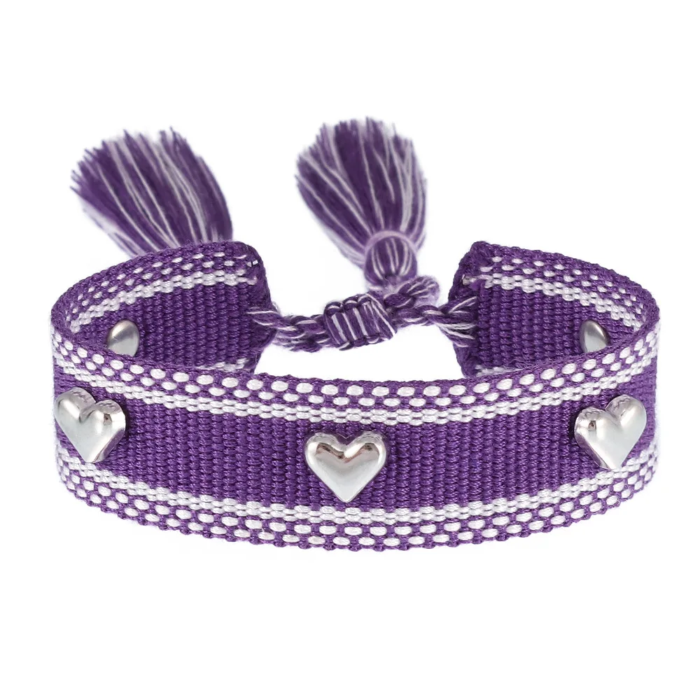 Silver Heart-shaped Metal Rivets Gift Wristband Woven embroidery adjustable rope woven Bracelets Friendship Bracelet Ladies Jewe