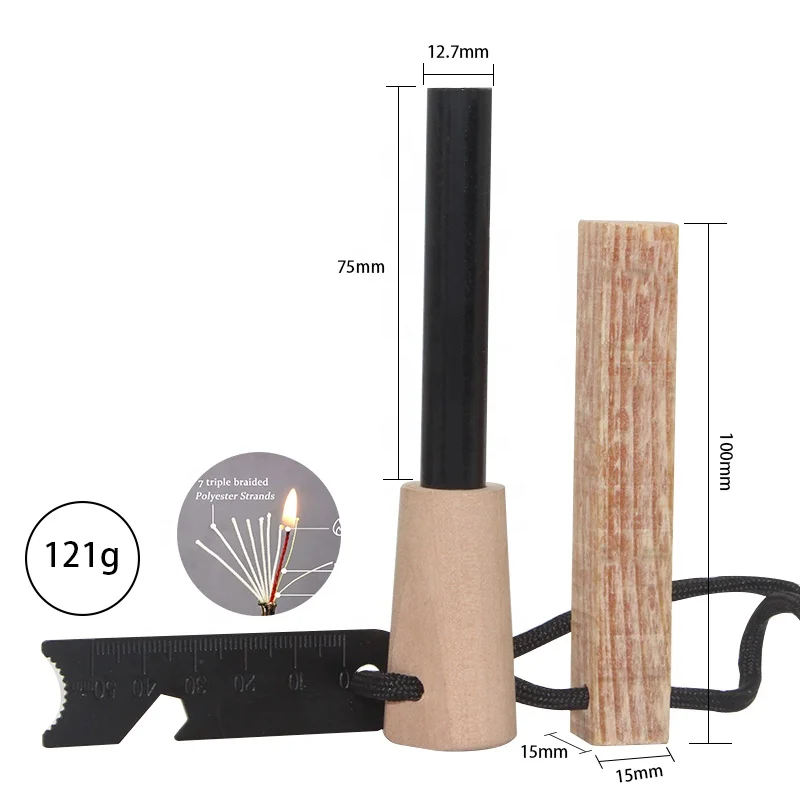 1/2 inch Wood Handle Firestarter Kit Ferro Rod with Fatwood Stick Fire Starter Tinder
