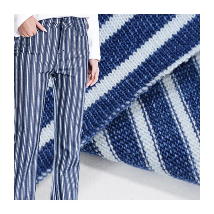 Small MOQ indigo stripe 230gsm denim knitted fabric for jean 100% cotton elastic fabrics