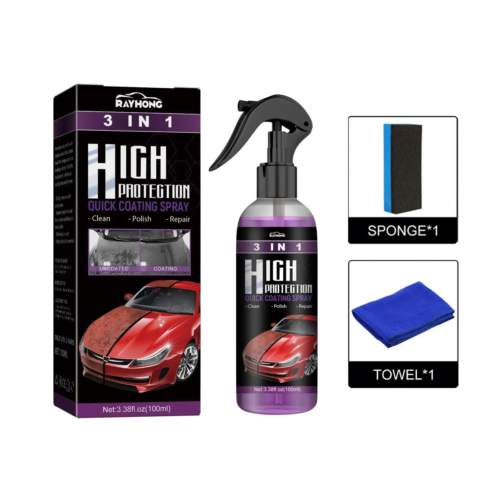 RAYHONG Wholesale Private Label 100ML 3 in 1 High Protection Quick Car Coating Spray Scratch Repair