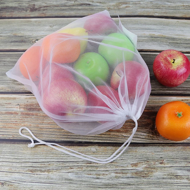 Custom Drawstring Reusable Produce Net Pouch Polyester White Vegetable Mesh Bags