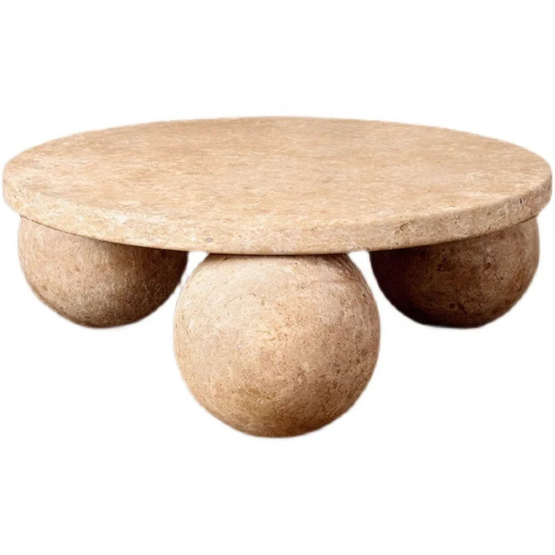 Home Furniture Special Unique Design Natural Stone Beige Travertine Round Coffee Table with Three Travertine Balls Base (1600332279993)