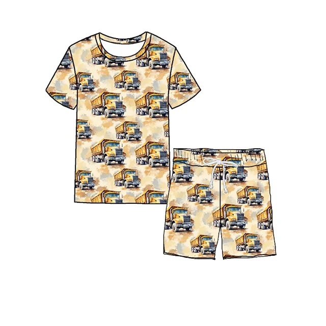 Zs16 Summer Truck Print Short Sleeve Boy Cartoon T Shirt Set 2 Pcs Suit for Boys