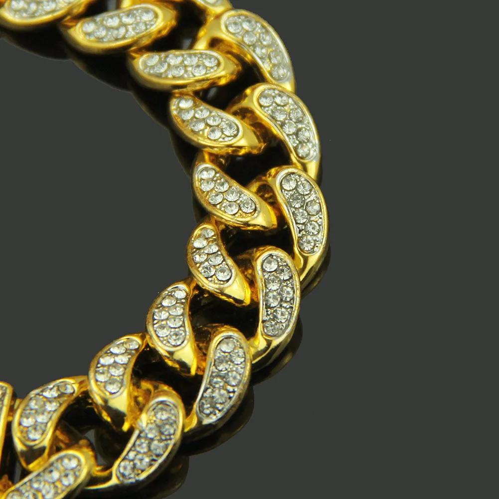 Fashion Men Women Gold Silver Color Bracelet Hip Hop Punk Style Cuban Paved Clear Rhinestones Bangles for Mens Party