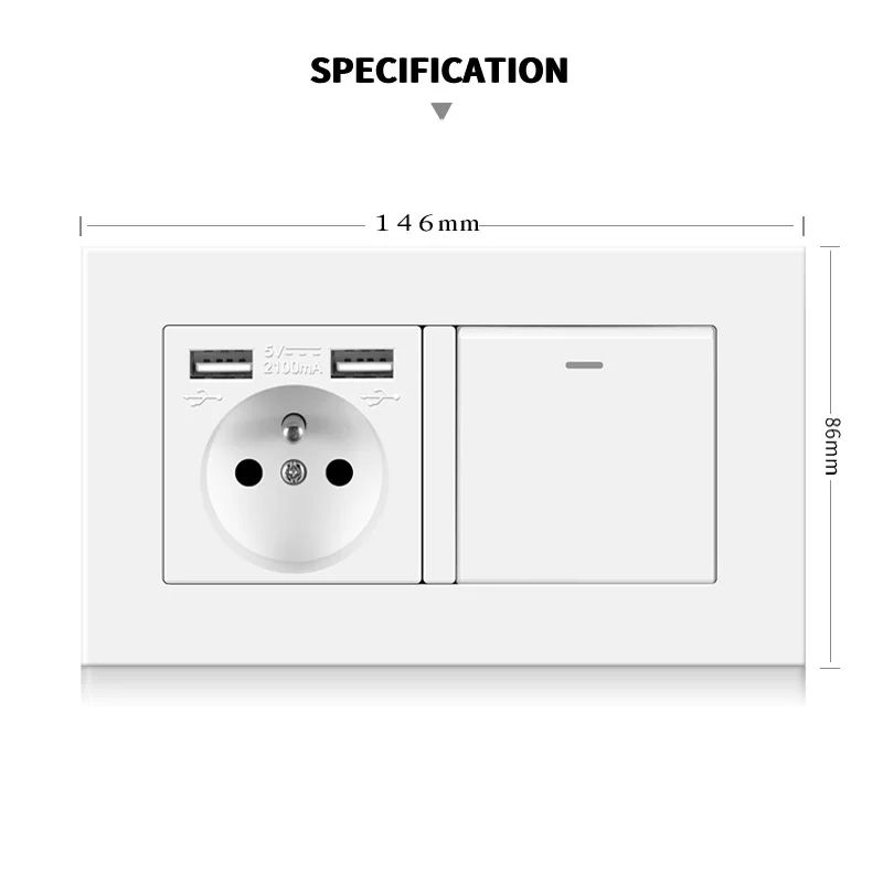 Factory customized PC panel French EU wall socket dual USB charging port one press switch