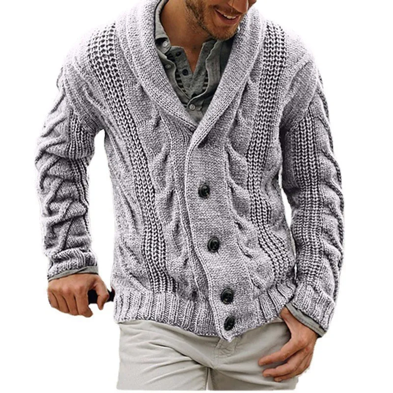 Wholesale design Custom Mens Knitted  Shawl Collar Button Cardigan Sweater Button Casual Winter Long Sleeve Cardigans Lapel Coat