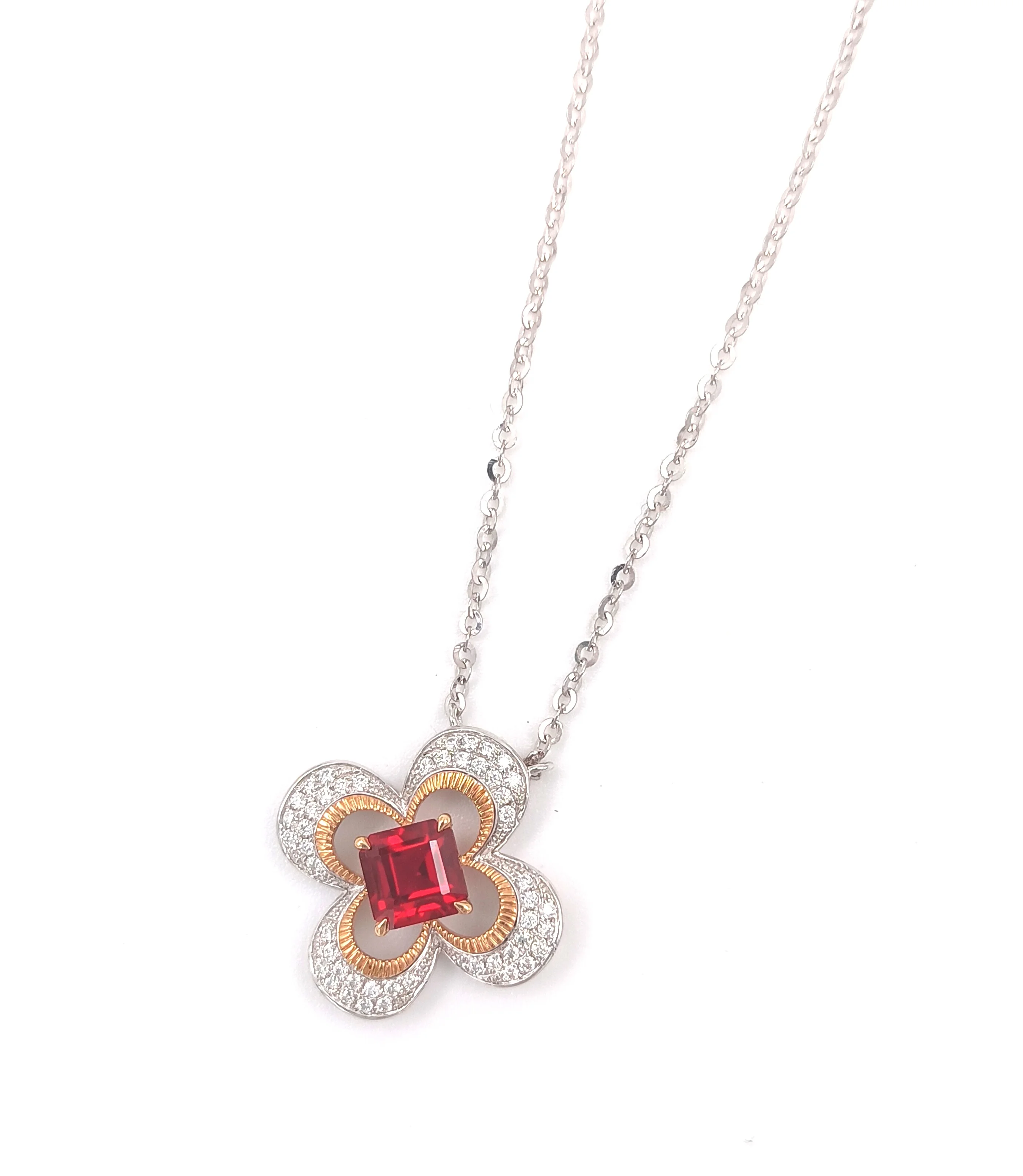 18K Gold ZHF Jewelry Hydrothermal ruby  Four Leaf Clover Necklace