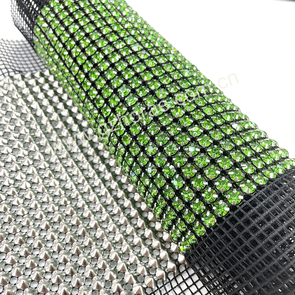 Fa030 Wholesale shiny SS20 peridot color diamond rhinestone mesh trimming for garment