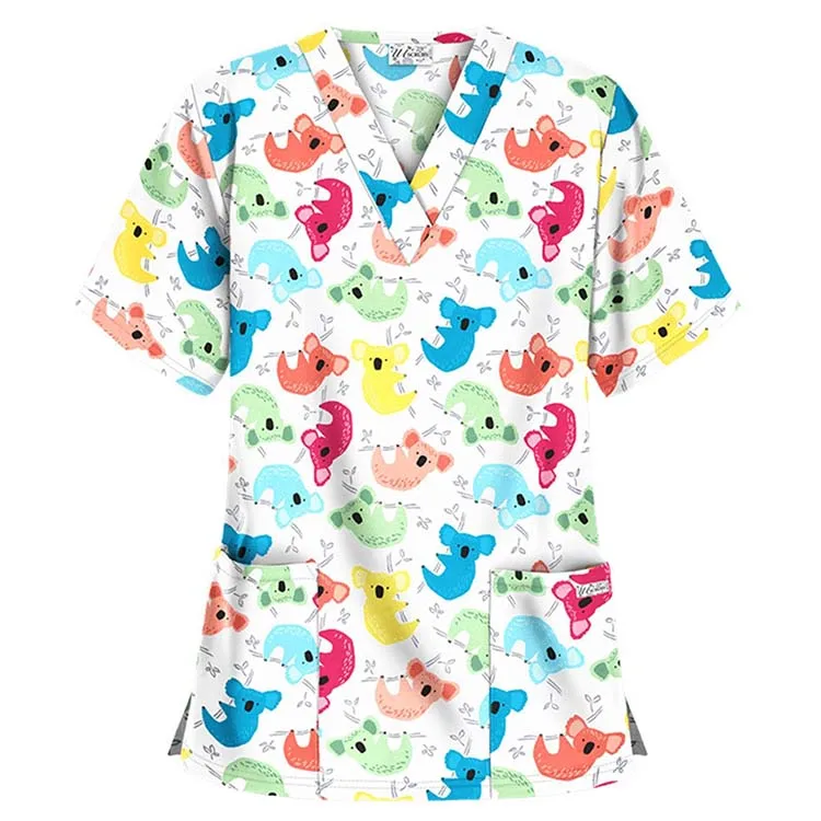 
cheap cute polyester spandex vendors design clinical female pattern printed nurse scrub tops 