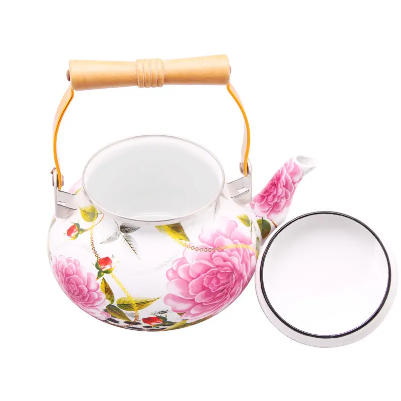 Chinese 1.5L/2L/2.5L Enamel Metal Tea Pot with Luxury Modern Design Wooden Handle Home Camping Use Iron Tea Kettle