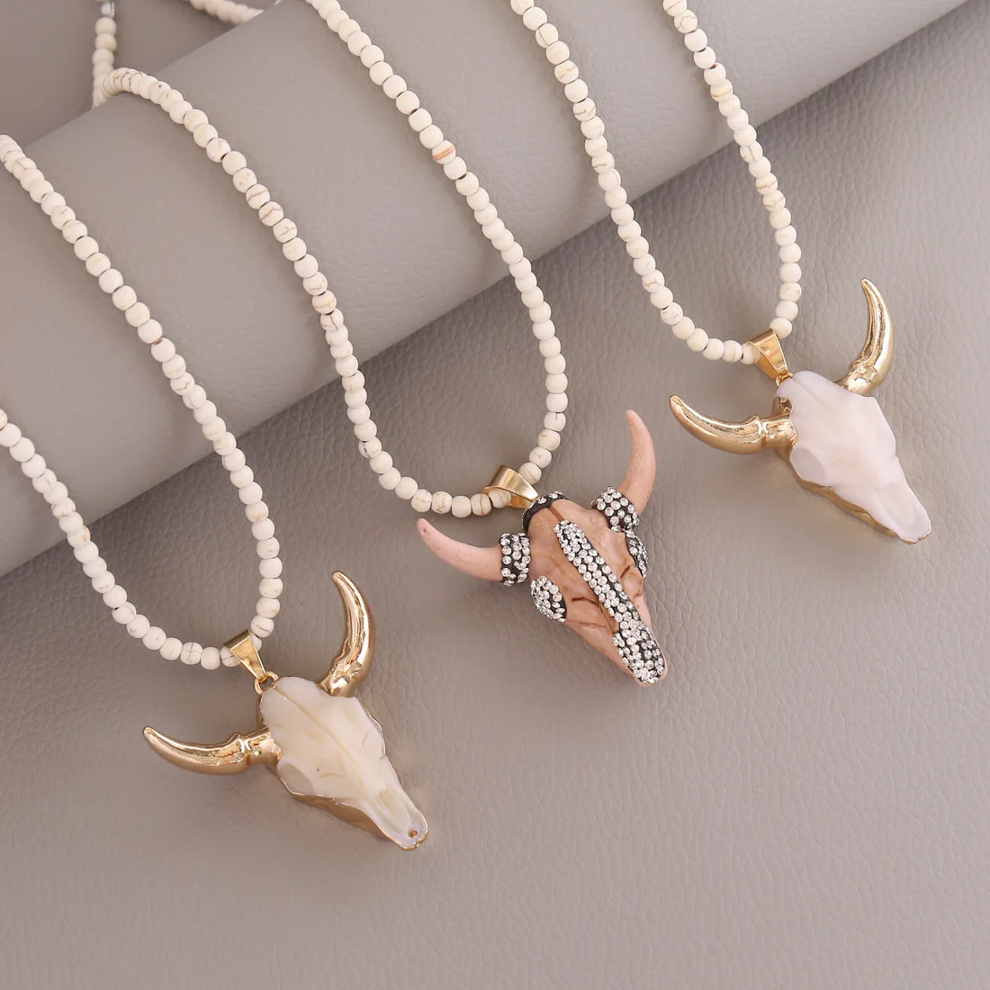 Bohemian Women Statement Gold Plated Skull Head Pendant Necklace Natural Amazonite Stone Bull Horn Necklace