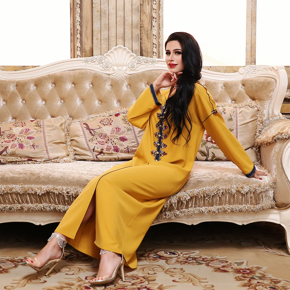 Women Moroccan  Hooded Dress Handwork Diamonds Ribbon Braid Ethnic Arabic Jellaba Dubai Saudi Family Gather Party