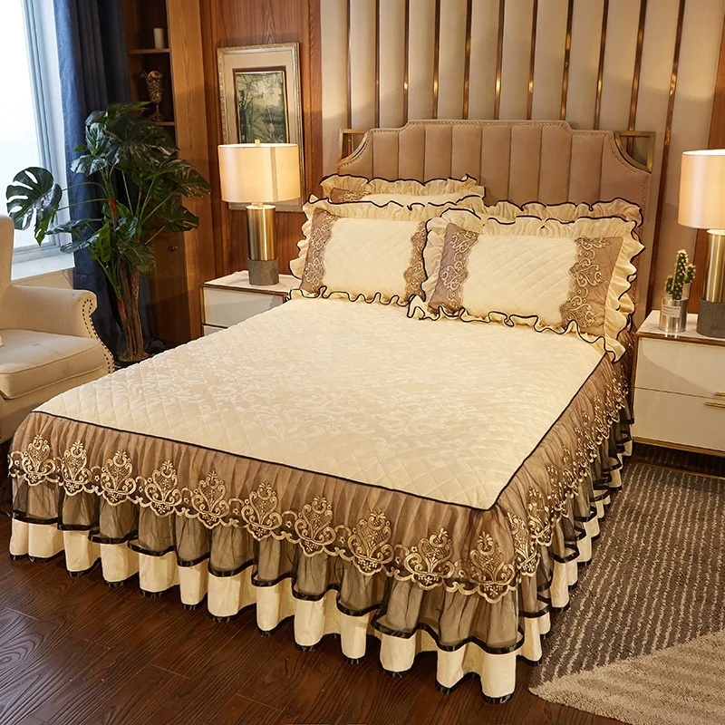 European Mattress Cover Bed Skirt Bedspread Princess Bedding Ruffled Velvet Lace Embossed Pattern-S Quilted Bed Cover