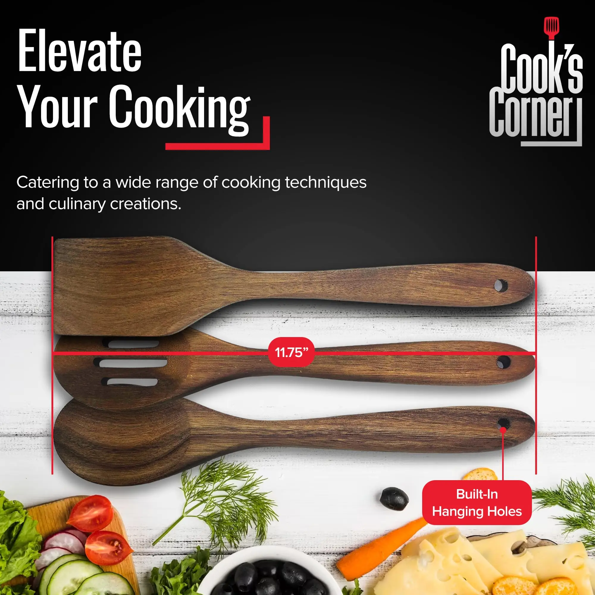 Wood 3 Pc Slotted Spoon Solid Spoon and Spatula in Sustainable Acacia Safe Non-stick Kitchen Utensils Set