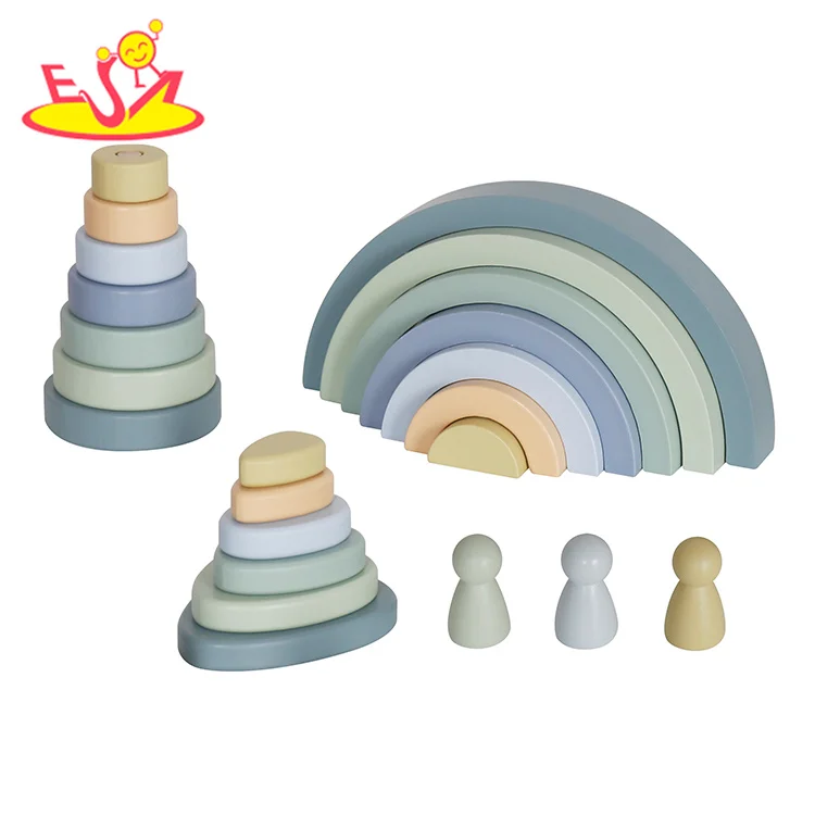 Montessori Toys 3 in 1 Stacking Blocks Wooden Rainbow Stacker for Toddlers W13D455