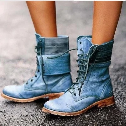 
2020 women Ladies Military Martin Boots Mid Calf Lace up Combat Ankle Boots 