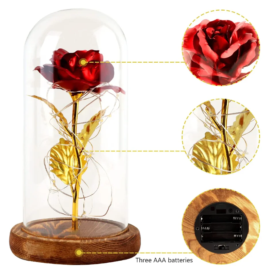 eternal artificial large galaxy beauty snd the beast light up foil golden forever rose preserved pink flowers in glass dome